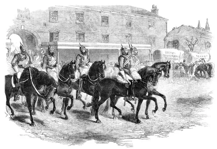 Framed Print : The annual change of the Household Brigade the Second Life Guards arriving at Albany... 1862. Creator: Unknown Framed Print : The annual change of the Household Brigade the Second Life Guards arriving at Albany... 1862. Creator: Unknown