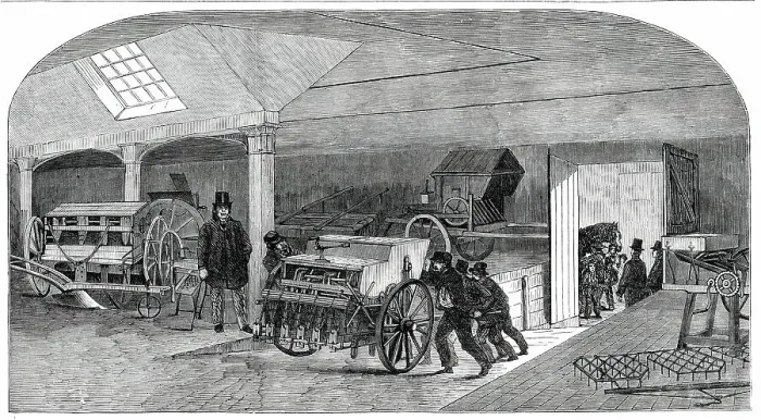 Framed Print : The Annual Exhibition of the Smithfield Club - Bringing in Implements, 1850. Creator: Unknown