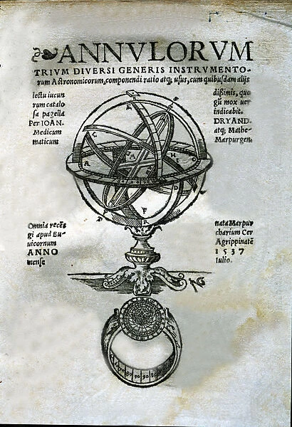 Annulorum, cover of the work with the engraving of an Armillary Sphere, 1537 edition