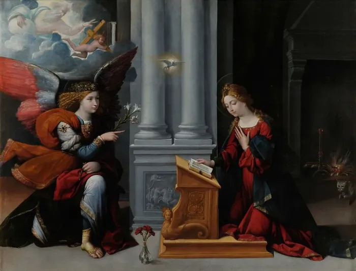 Framed Print : The Annunciation, 1528. Creator: Garofalo, Benvenuto Tisi da (1481-1559) Framed Print : The Annunciation, 1528. Creator: Garofalo, Benvenuto Tisi da (1481-1559)