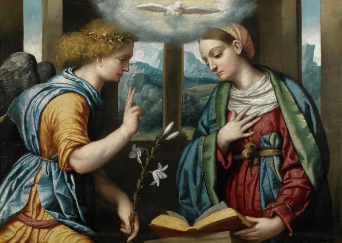 Framed Print : The Annunciation, 1535-1540. Creator: Moretto da Brescia, Alessandro (ca 1498 - 1554) Framed Print : The Annunciation, 1535-1540. Creator: Moretto da Brescia, Alessandro (ca 1498 - 1554)