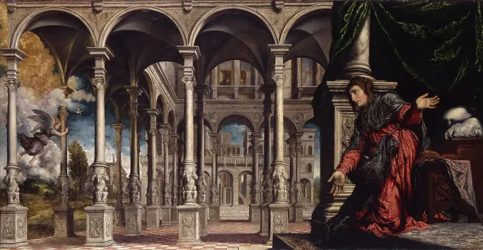 Framed Print : The Annunciation, 1545-1550. Creator: Bordone; Paris (1500-1571) Framed Print : The Annunciation, 1545-1550. Creator: Bordone; Paris (1500-1571)
