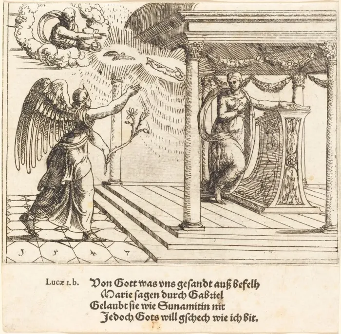 Framed Print : The Annunciation, 1547. Creator: Augustin Hirschvogel Framed Print : The Annunciation, 1547. Creator: Augustin Hirschvogel