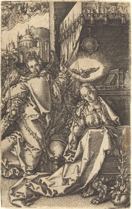 Framed Print : The Annunciation, 1553. Creator: Heinrich Aldegrever Framed Print : The Annunciation, 1553. Creator: Heinrich Aldegrever