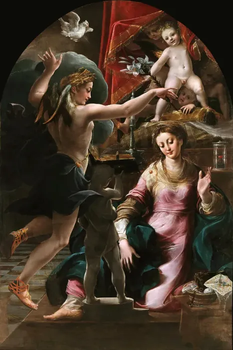 Framed Print : The Annunciation, 1555-1559. Creator: Mazzola Bedoli, Girolamo (c. 1500-1569) Framed Print : The Annunciation, 1555-1559. Creator: Mazzola Bedoli, Girolamo (c. 1500-1569)