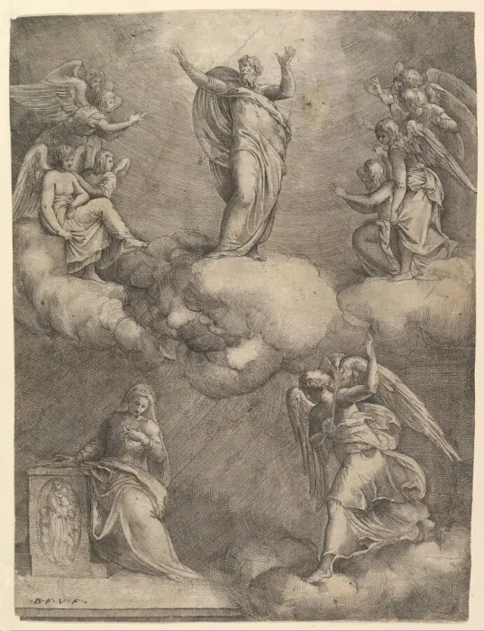 Framed Print : The Annunciation, before 1557. Creator: Battista Franco Veneziano Framed Print : The Annunciation, before 1557. Creator: Battista Franco Veneziano