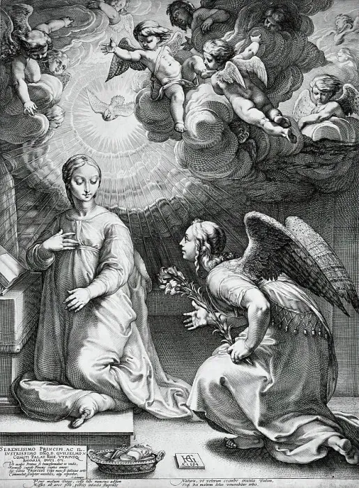 Framed Print : The Annunciation, 1594. Creator: Hendrik Goltzius Framed Print : The Annunciation, 1594. Creator: Hendrik Goltzius