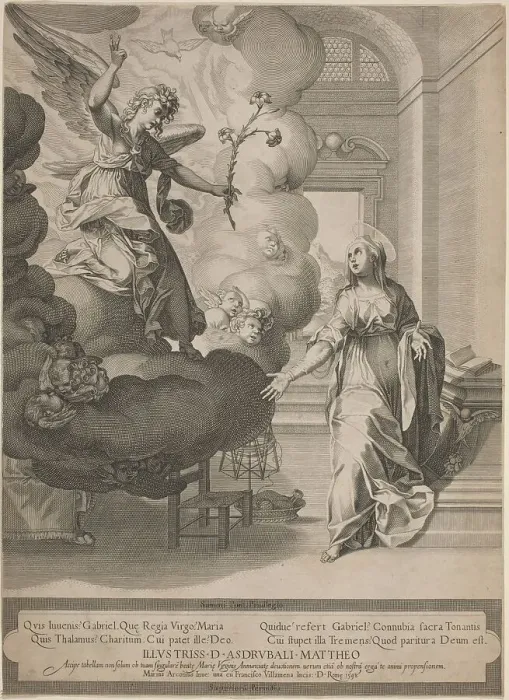 Framed Print : The Annunciation, 1598. Creator: Francesco Villamena Framed Print : The Annunciation, 1598. Creator: Francesco Villamena