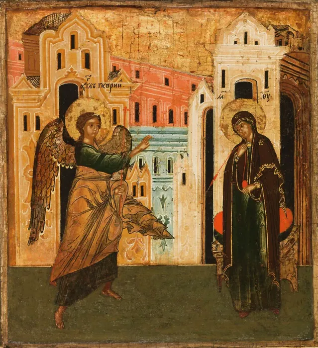 Framed Print : The Annunciation, between 1600 and 1625. Creator: Novgorod school Framed Print : The Annunciation, between 1600 and 1625. Creator: Novgorod school