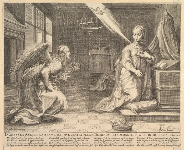 Framed Print : The Annunciation, before 1652. Creator: Claes Jansz Visscher Framed Print : The Annunciation, before 1652. Creator: Claes Jansz Visscher
