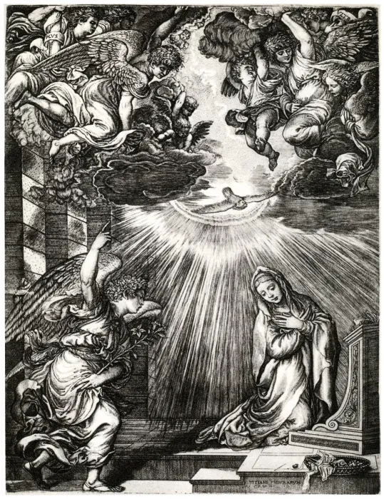 Framed Print : Annunciation, 16th century, (1937). Artist: Giovanni Jacopo Caraglio