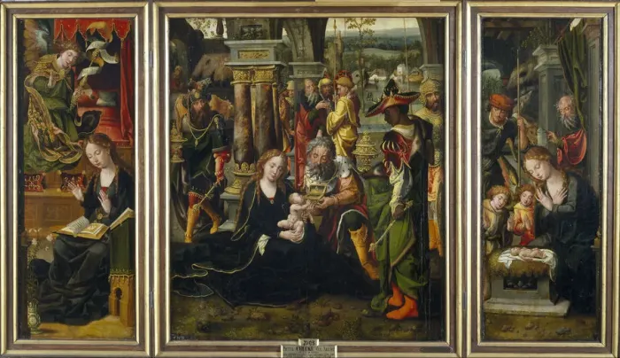 Framed Print : The Annunciation. The Adoration of the Magi. The Adoration of the Shepherds, Second Quarter of the 1 Artist: Coecke van Aelst, Pieter, the Elder (1502-1550) Framed Print : The Annunciation. The Adoration of the Magi. The Adoration of the Shepherds, Second Quarter of the 1 Artist: Coecke van Aelst, Pieter, the Elder (1502-1550)