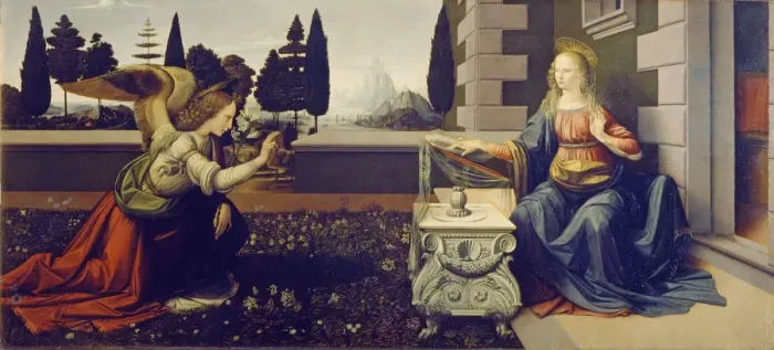 Framed Print : The Annunciation, ca 1471-1472. Artist: Leonardo da Vinci (1452-1519) Framed Print : The Annunciation, ca 1471-1472. Artist: Leonardo da Vinci (1452-1519)