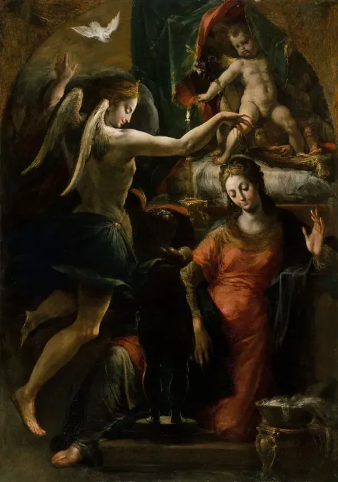 Framed Print : The Annunciation. Creator: Girolamo Mazzola Bedoli Framed Print : The Annunciation. Creator: Girolamo Mazzola Bedoli