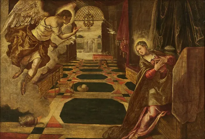 Framed Print : The Annunciation. Creator: Workshop of Tintoretto Framed Print : The Annunciation. Creator: Workshop of Tintoretto
