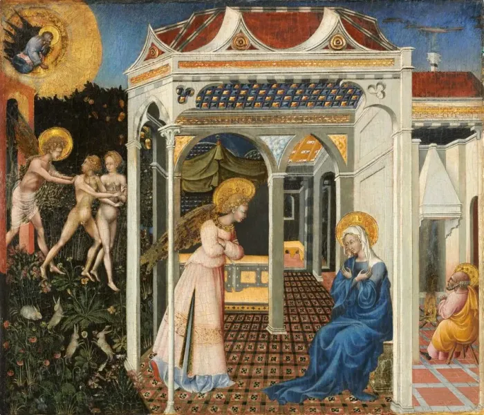 Framed Print : The Annunciation and Expulsion from Paradise, c. 1435. Creator: Giovanni di Paolo
