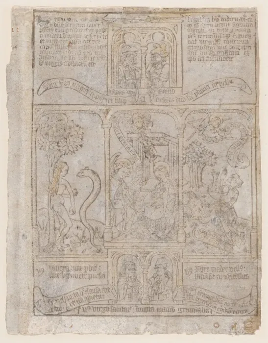 Framed Print : The Annunciation, flanked by Eve and the Serpent and Gideons Fleece, from a Biblia Pa... ca. 1465. Creator: Anon Framed Print : The Annunciation, flanked by Eve and the Serpent and Gideons Fleece, from a Biblia Pa... ca. 1465. Creator: Anon