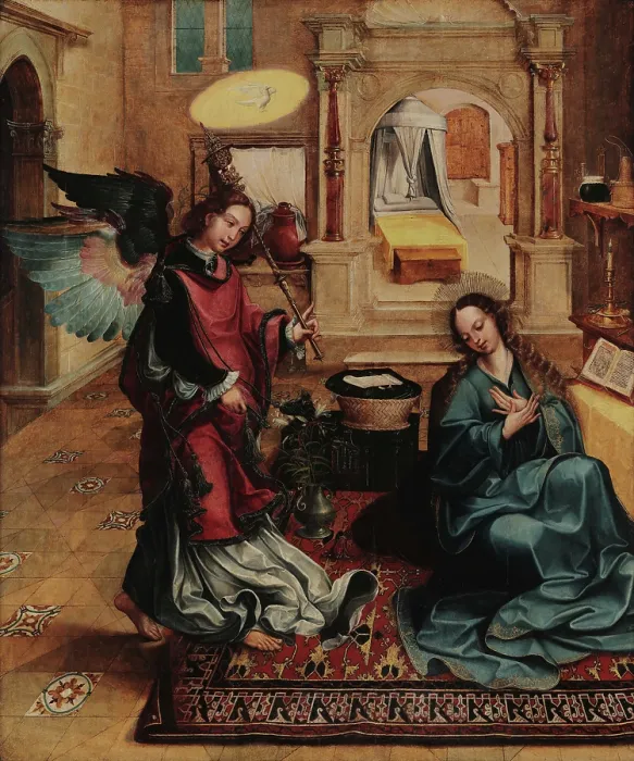 Framed Print : The Annunciation (from the Convento de Santos-o-Novo Altarpiece), c1535-1540. Creator: Lopes, Gregorio (c. 1490-1550) Framed Print : The Annunciation (from the Convento de Santos-o-Novo Altarpiece), c1535-1540. Creator: Lopes, Gregorio (c. 1490-1550)