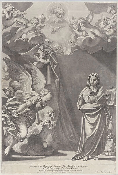 The Annunciation, with Gabriel and other angels at left and God the Father above, 168