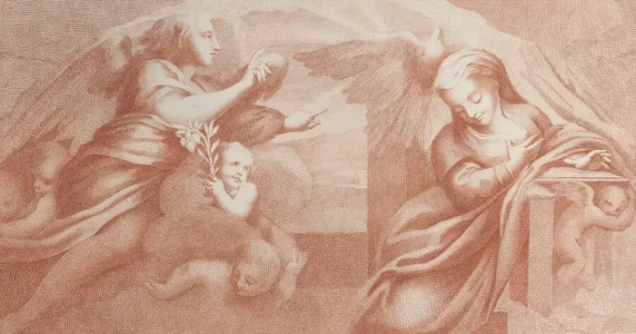 Framed Print : The Annunciation, with Gabriel at left and the Virgin at right, 1784. Creator: Bossi Framed Print : The Annunciation, with Gabriel at left and the Virgin at right, 1784. Creator: Bossi