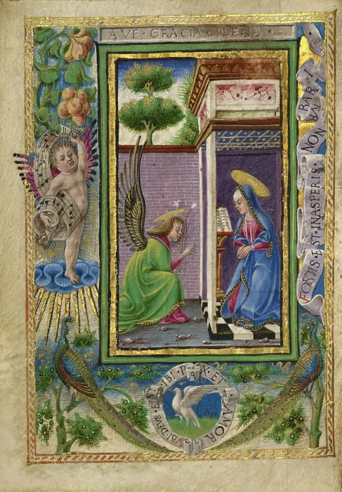 Framed Print : The Annunciation; Gualenghi-d'Este Hours, about 1469. Creator: Taddeo Crivelli Framed Print : The Annunciation; Gualenghi-d'Este Hours, about 1469. Creator: Taddeo Crivelli