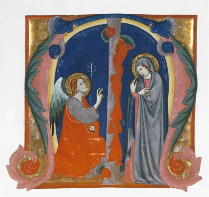 Framed Print : Annunciation in an Initial M, ca. 1310-15. Creator: Maestro Daddesco Framed Print : Annunciation in an Initial M, ca. 1310-15. Creator: Maestro Daddesco
