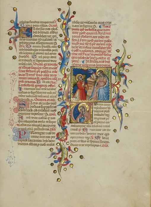 Framed Print : The Annunciation: Initial V: The Virgin in Prayer; Missal, between about 1389 and 1400. Creator: Master of the Brussels Initials Framed Print : The Annunciation: Initial V: The Virgin in Prayer; Missal, between about 1389 and 1400. Creator: Master of the Brussels Initials