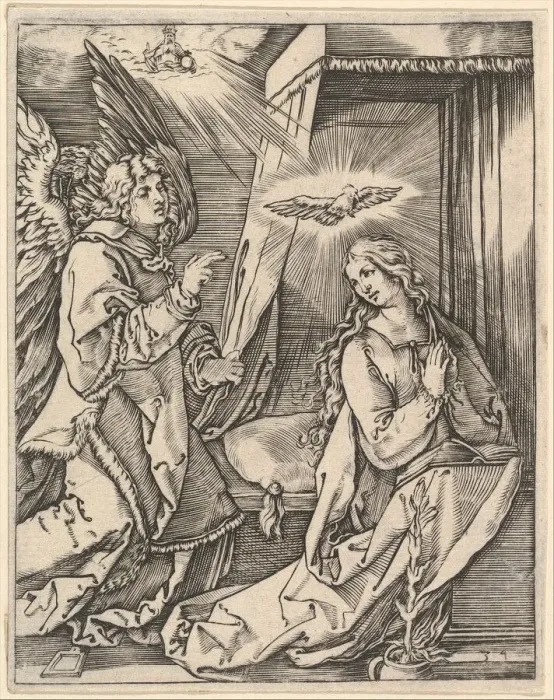 Framed Print : The Annunciation; on the left the archangel Gabriel approaches the praying Virgin... ca Framed Print : The Annunciation; on the left the archangel Gabriel approaches the praying Virgin... ca