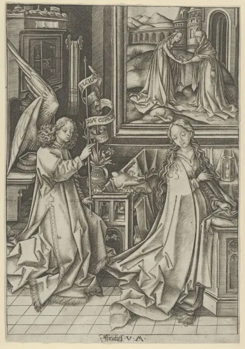 Framed Print : The Annunciation, from The Life of the Virgin. Creator: Israhel van Meckenem Framed Print : The Annunciation, from The Life of the Virgin. Creator: Israhel van Meckenem