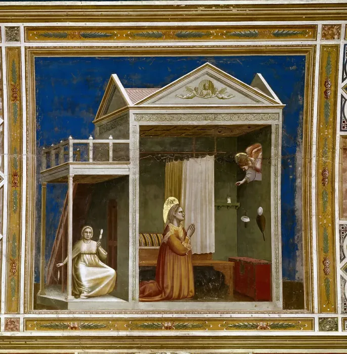 Framed Print : Annunciation to Saint Anne (From the Scenes from the Life of Joachim), 1304-1306. Creator: Giotto di Bondone (1266-1377) Framed Print : Annunciation to Saint Anne (From the Scenes from the Life of Joachim), 1304-1306. Creator: Giotto di Bondone (1266-1377)