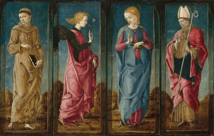 Framed Print : The Annunciation with Saint Francis and Saint Louis of Toulouse [four panels], c