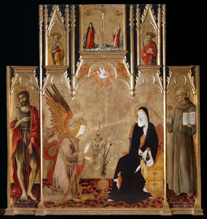 Framed Print : Annunciation with Saints John the Baptist und Bernardino da Siena. The Crucifixion. Saints Peter and Paul, Between 1455 and 1464. Artist: Matteo di Giovanni (ca. 1430-1495)