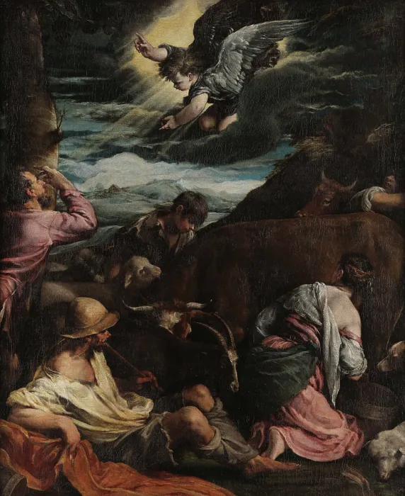 Framed Print : The Annunciation to the Shepherds, 1559-1560. Creator: Bassano, Jacopo, il vecchio (ca. 1510-1592) Framed Print : The Annunciation to the Shepherds, 1559-1560. Creator: Bassano, Jacopo, il vecchio (ca. 1510-1592)