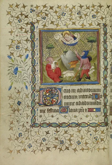 Framed Print : The Annunciation to the Shepherds; Book of Hours, about 1400-1410. Creator: Unknown