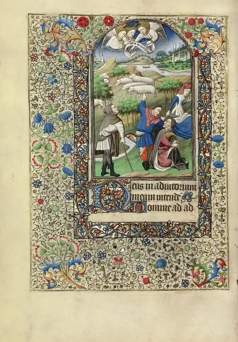 Framed Print : The Annunciation to the Shepherds; Book of Hours, about 1440-1450. Creator: Workshop of the Bedford Master Framed Print : The Annunciation to the Shepherds; Book of Hours, about 1440-1450. Creator: Workshop of the Bedford Master