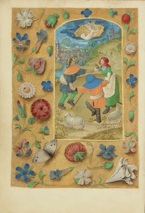 Framed Print : The Annunciation to the Shepherds; Crohin-La Fontaine Hours, (about 1480-1485?). Creators: Master of the Dresden Prayer Book, Workshop of the Master of the Dresden Prayer Book Framed Print : The Annunciation to the Shepherds; Crohin-La Fontaine Hours, (about 1480-1485?). Creators: Master of the Dresden Prayer Book, Workshop of the Master of the Dresden Prayer Book