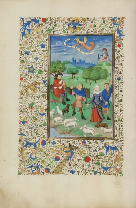 Framed Print : The Annunciation to the Shepherds; Llangattock Hours, 1450s. Creator: Unknown Framed Print : The Annunciation to the Shepherds; Llangattock Hours, 1450s. Creator: Unknown