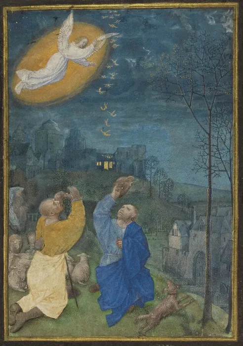 Framed Print : The Annunciation to the Shepherds: Miniature from the Emerson-White Hours, late 1470s-about 1480. Creator: Master of the Houghton Miniatures Framed Print : The Annunciation to the Shepherds: Miniature from the Emerson-White Hours, late 1470s-about 1480. Creator: Master of the Houghton Miniatures