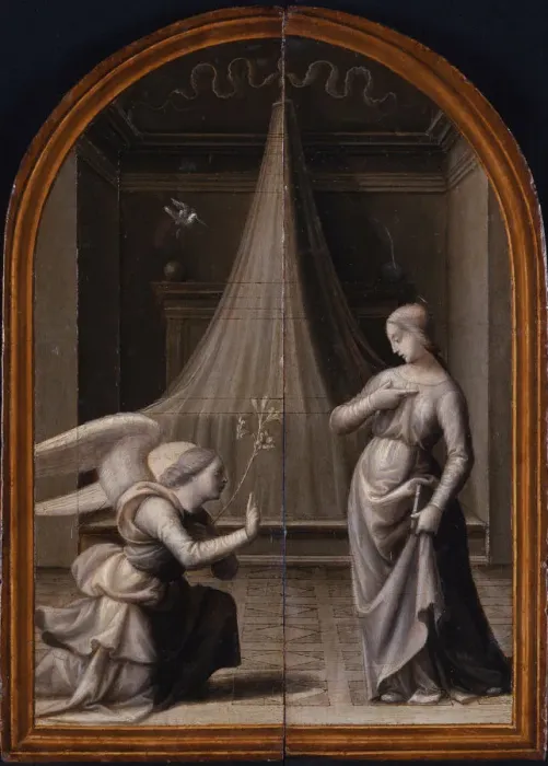 Framed Print : The Annunciation. (Triptych, reverse), 1500. Artist: Albertinelli, Mariotto (1474-1515) Framed Print : The Annunciation. (Triptych, reverse), 1500. Artist: Albertinelli, Mariotto (1474-1515)