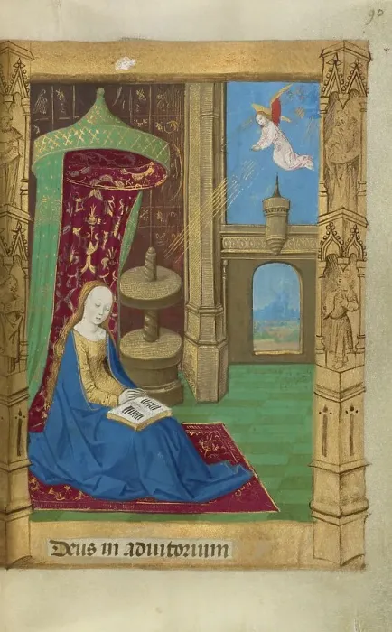 Framed Print : The Annunciation(?) or The Virgin Seated in Prayer; Book of Hours, 1478. Creator: Master of Guillaume Lambert Framed Print : The Annunciation(?) or The Virgin Seated in Prayer; Book of Hours, 1478. Creator: Master of Guillaume Lambert