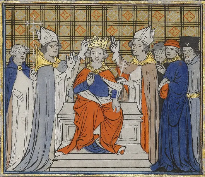 Framed Print : The Anointing and Coronation of Louis IV at Laon, 19 June 936. From Grandes Chroniques de France, 15 Artist: Anonymous Framed Print : The Anointing and Coronation of Louis IV at Laon, 19 June 936. From Grandes Chroniques de France, 15 Artist: Anonymous