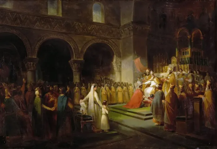 Framed Print : The Anointing of Pepin the Short at Saint-Denis, 28 July 754. Artist: Dubois, Francois (1790-1871) Framed Print : The Anointing of Pepin the Short at Saint-Denis, 28 July 754. Artist: Dubois, Francois (1790-1871)