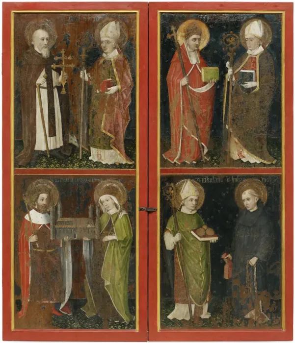 Framed Print : Anthony the Abbot and Erhard of Regensburg Sixtus II and Servatius Henry II and Cunigunde Saint Nicholas and Leonard, c. 1448. Artist: Workshop of the Wolfgang Retable (ca 1448-1449) Framed Print : Anthony the Abbot and Erhard of Regensburg Sixtus II and Servatius Henry II and Cunigunde Saint Nicholas and Leonard, c. 1448. Artist: Workshop of the Wolfgang Retable (ca 1448-1449)