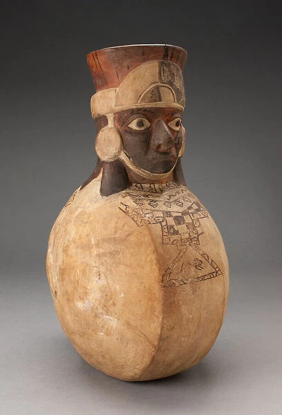 Anthropomorphic Flat-sided Flask with Molded Head and Painted Textile Tunic, 100 B. C.  /  A. D