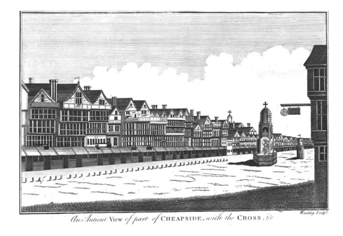 Framed Print : An Antient View of part of Cheapside, with the Cross Etc. late 18th century Framed Print : An Antient View of part of Cheapside, with the Cross Etc. late 18th century