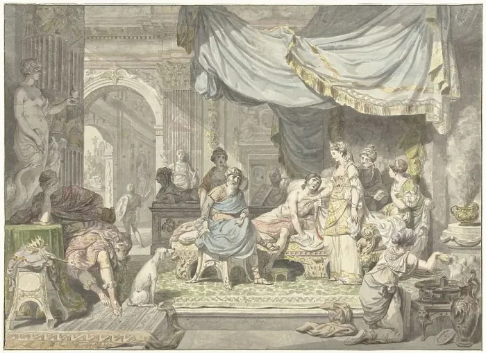 Framed Print : Antiochus tries to hide the love for his mother Stratonice, 1775. Creator: Jean Grandjean Framed Print : Antiochus tries to hide the love for his mother Stratonice, 1775. Creator: Jean Grandjean