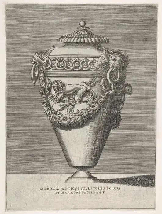 Framed Print : Antique Lidded Urn Decorated with a Motif of Diamond Rings and Lions, from Vases Framed Print : Antique Lidded Urn Decorated with a Motif of Diamond Rings and Lions, from Vases