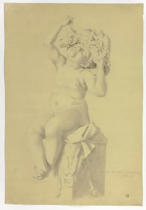 Framed Print : Antique Statue of Seated Putto Holding Mask of Silenus, 1775. Creator: John Downman Framed Print : Antique Statue of Seated Putto Holding Mask of Silenus, 1775. Creator: John Downman