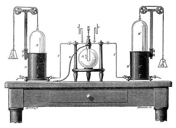 Antoine Lavoisiers apparatus for synthesizing water from hydrogen (left) and oxygen (right), 1881