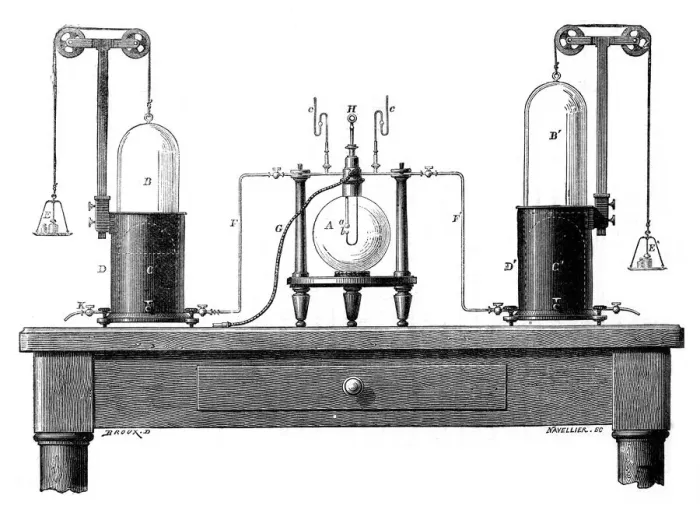 Framed Print : Antoine Lavoisiers apparatus for synthesizing water from hydrogen (left) and oxygen (right), 1881 Framed Print : Antoine Lavoisiers apparatus for synthesizing water from hydrogen (left) and oxygen (right), 1881